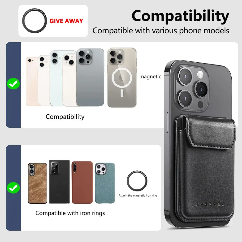 Black leather phone card holder with magnetic attachment and small front flap pocket shown from the front angle
