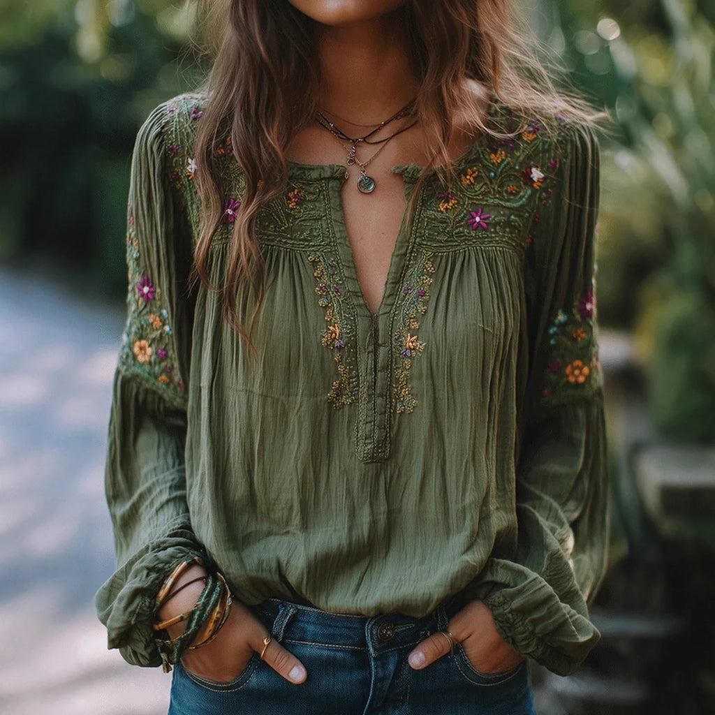 Ethnic Style Women's Blouse Retro Flower Pattern Loose V- Neck Pullover Shirt Casual Spring Ruched Tops 2026 Blusas femme