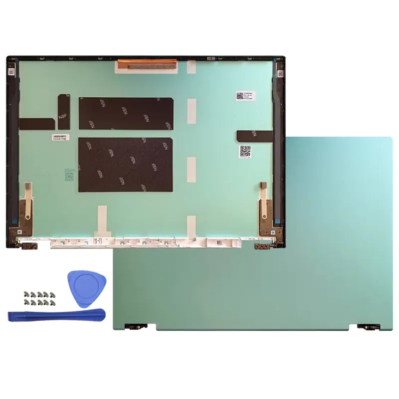 Hellblaues ASUS-TUF-Gaming-A16-Ersatz-Laptop-Bildschirm-Assembly mit schwarzen Klebepads, silbernen Schrauben und einem Kunststoff-Entriegelungswerkzeug.