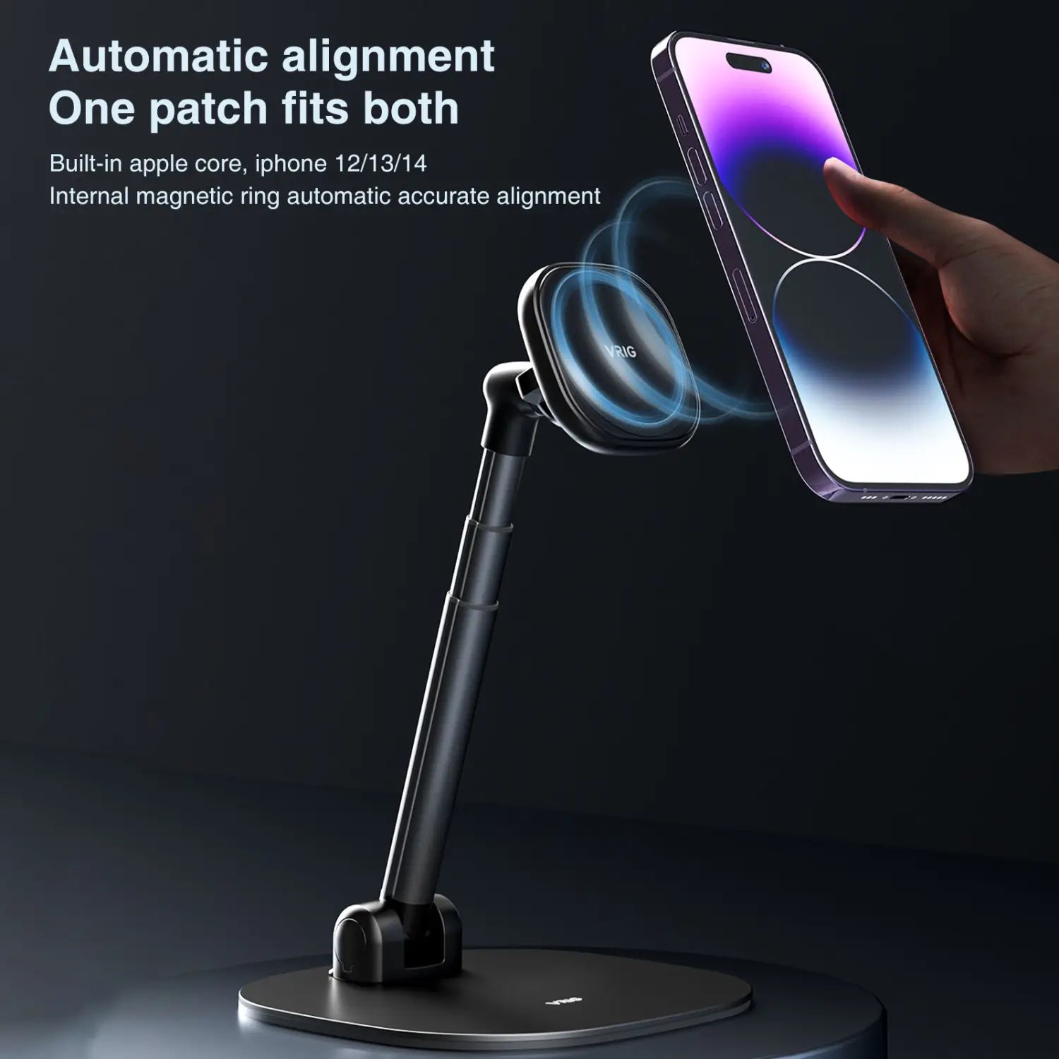 Schwarze Magnet-Handyhalterung mit verstellbarem Arm und rundem Ladekissen, kompatibel mit iPhone 12 13 14, entwickelt als Desktop-Magnet-Ladehalterung