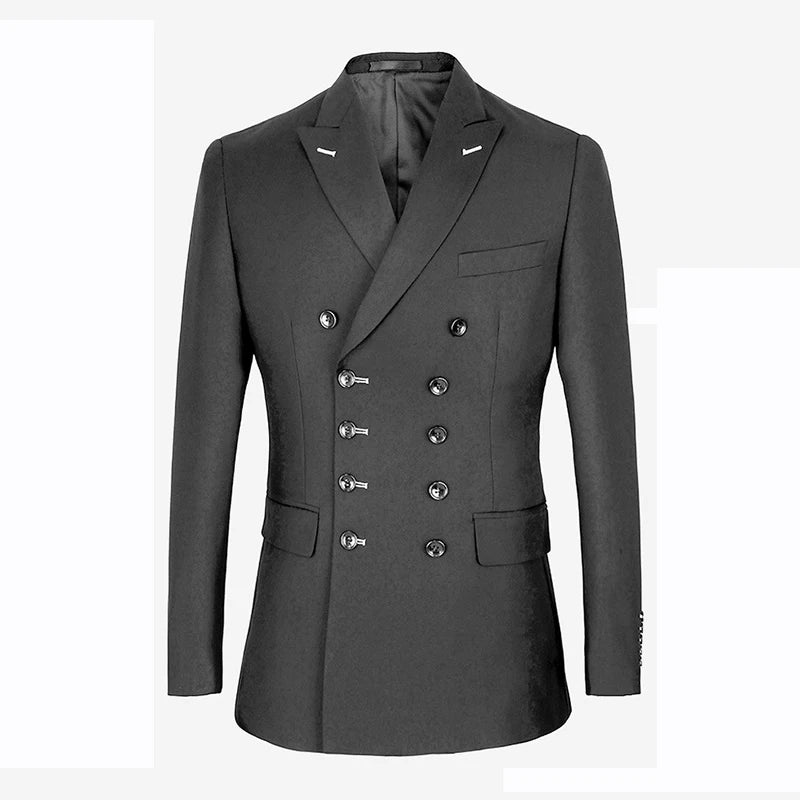 Shenrun Men Suits Slim Fit New Fashion Suit Double Breasted Peak Lapel Navy Blue Black Wedding Groom Party Prom Skinny Costume