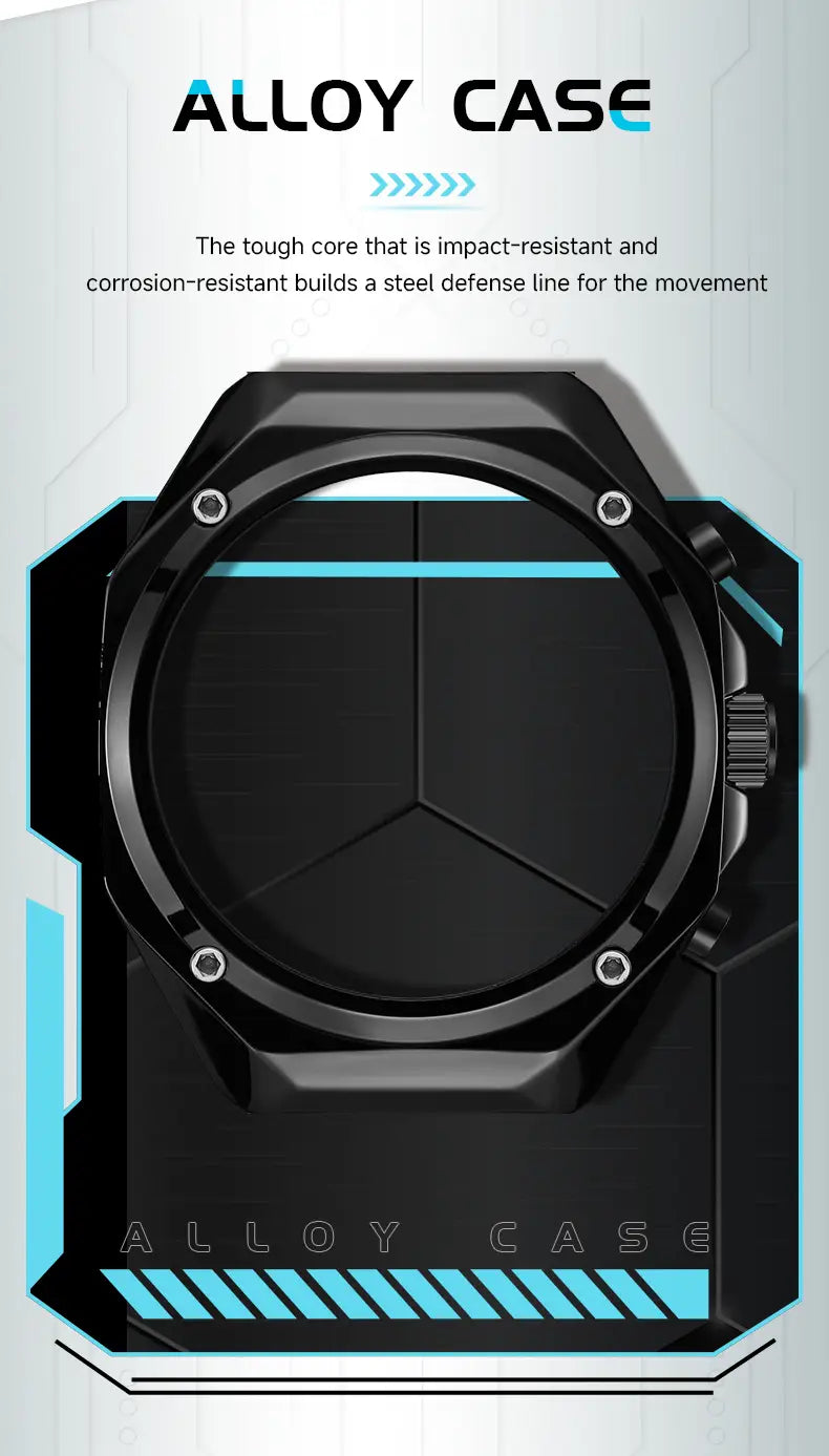 Megir sport chronograph watch with black alloy case, rugged angular design, teal accent lines, and silicone strap.