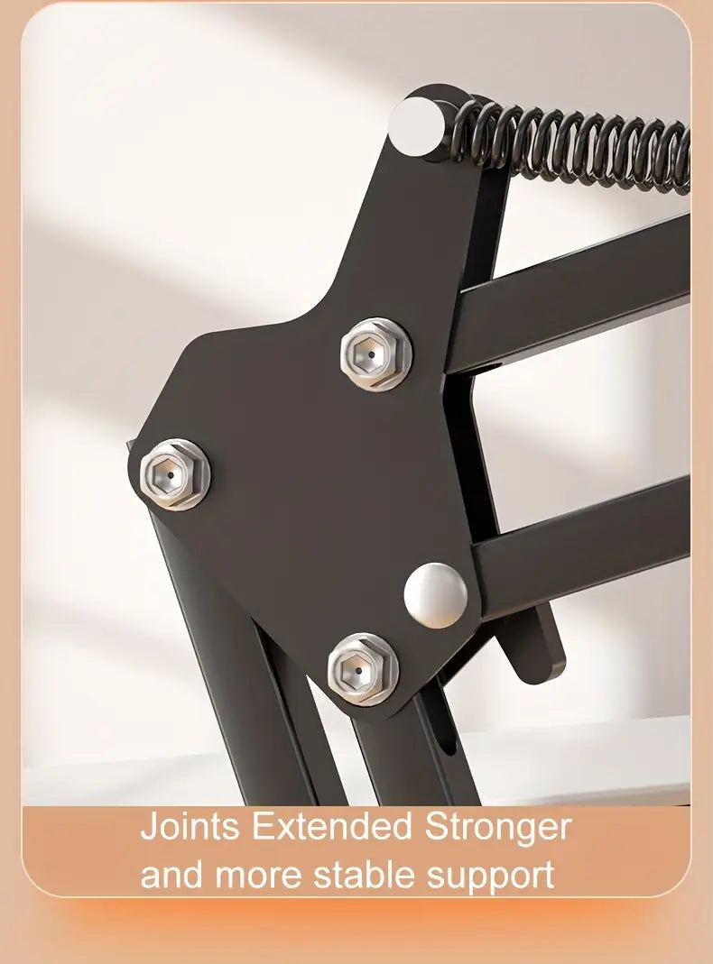 black metal adjustable tablet arm clamp for bed featuring silver hex bolts and a coiled spring for extended stable support
