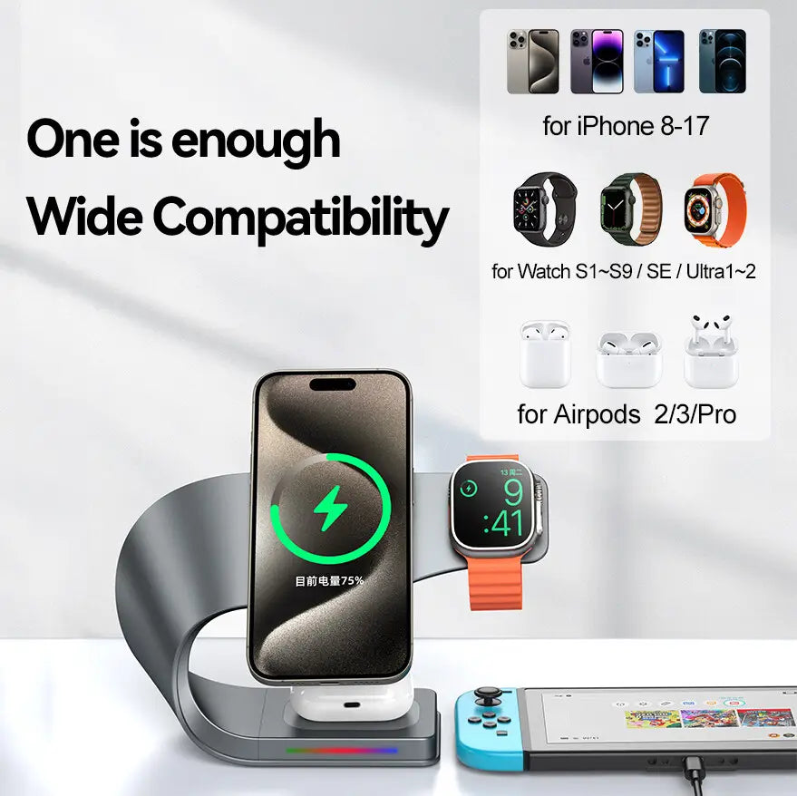 black metal wireless charger 4-in-1 with curved design holding an iphone and apple watch for phone earbuds watch charging.