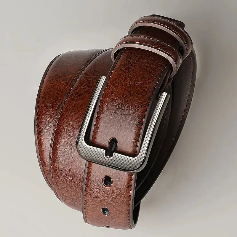 Ceinture pour hommes en simili cuir à boucle à broche en marron avec boucle rectangulaire ton argent.