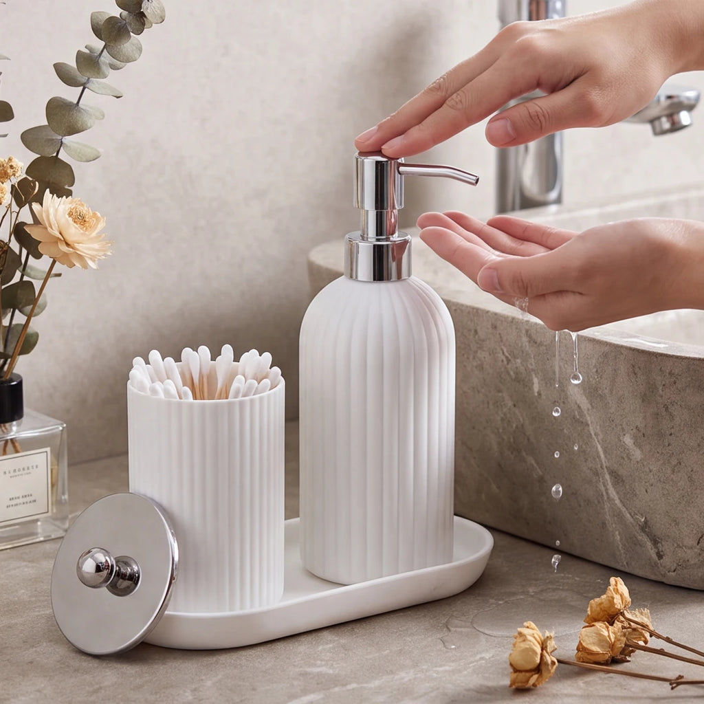 3pcs/set White Bathroom Accessories Set, Farmhouse Organizer with Soap Dispenser, Qtip Jar and Tray for Bathroom Sink