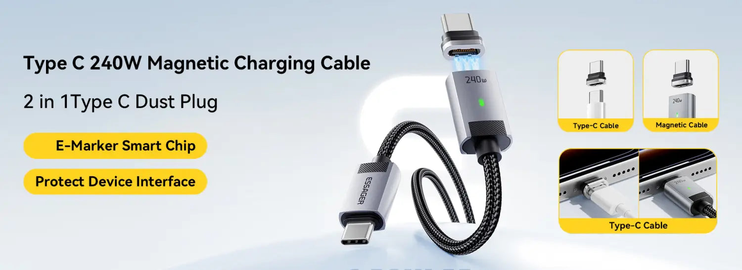 silver and black type-c magnetic charging cable with braided design for wireless power bank magsafe 20w 5000mah providing durable wireless power connectivity
