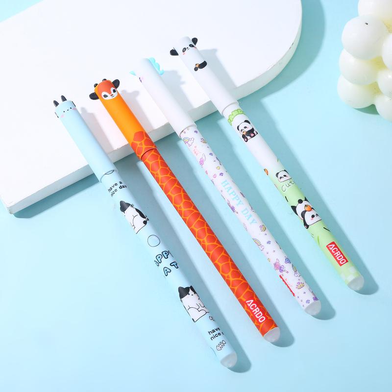 Set of four colorful cartoon-themed cute animal erasable gel pens with animal designs and the brand name achado printed on them.