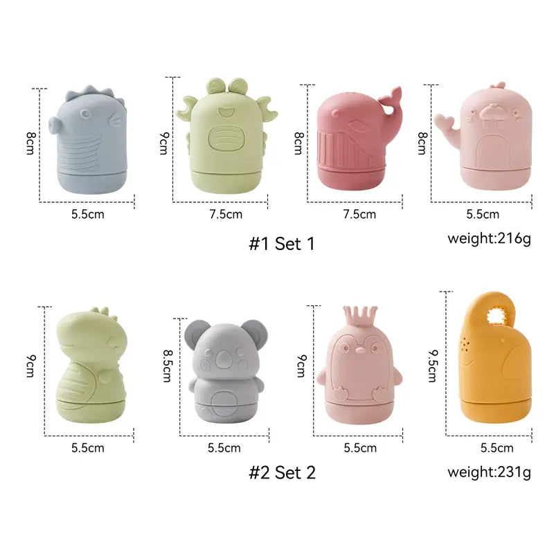 Set aus acht farbenfrohen, weichen Silikon-Reisebehältern in Tierform in Pastelltönen einschließlich Blau, Grün, Pink und Gelb, entwickelt für das Silikon-Koala-Baby-Badesprinkler-Spielzeug.