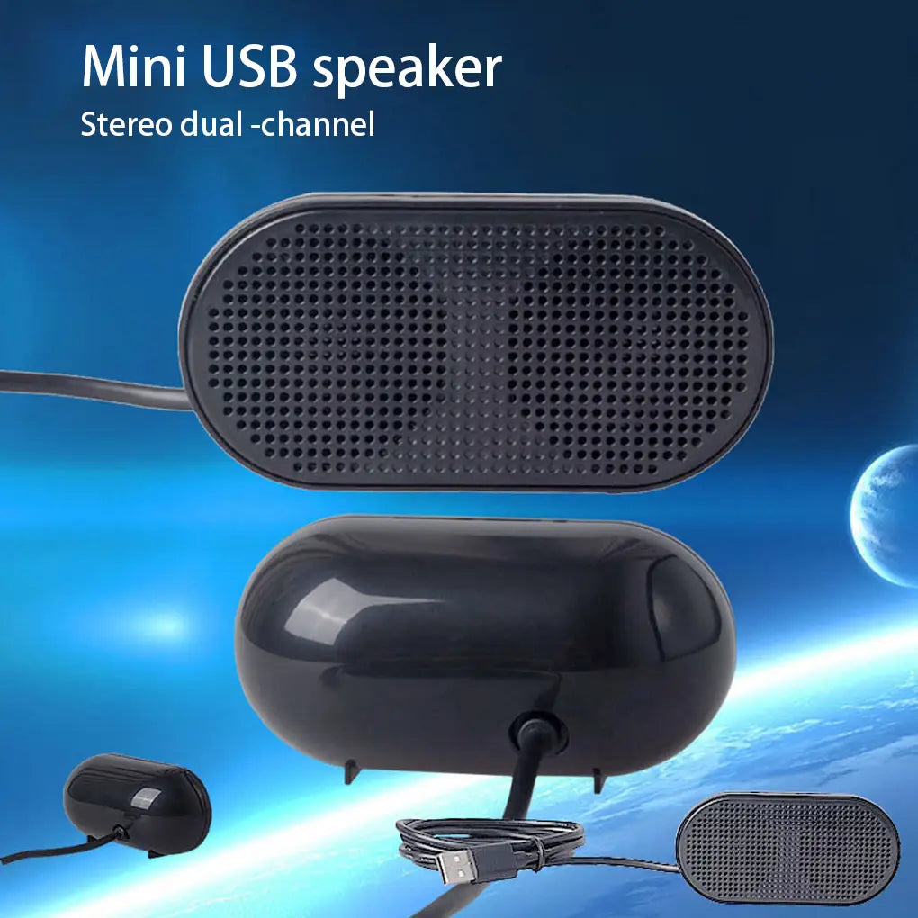 Schwarzer, oval geformter Mini-USB-Lautsprecher für Laptops mit glänzender Oberfläche und perforiertem Gitter als tragbare Computer-Soundbar.