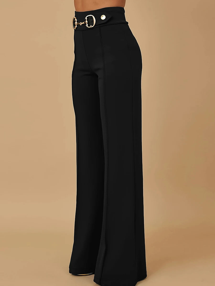 Wide Leg High-Waisted Trousers for Women, Elegant Black Office Pants with Gold Buckle, Professional Business Formal Trousers