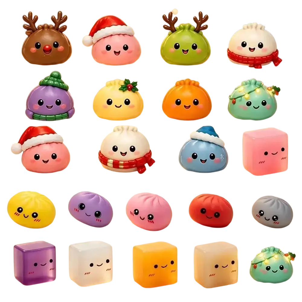 cute colorful plastic dumpling and cube-shaped figurines with festive holiday accessories including reindeer antlers santa hats scarves and string lights shown from the front in a christmas dumpling advent calendar sensory toy display