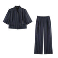 Women's Suit Set with Lapel, Short Sleeve, Linen Blend, Striped, Short Blazer, Straight-Leg Pants, Elegant Office Casual Fashion