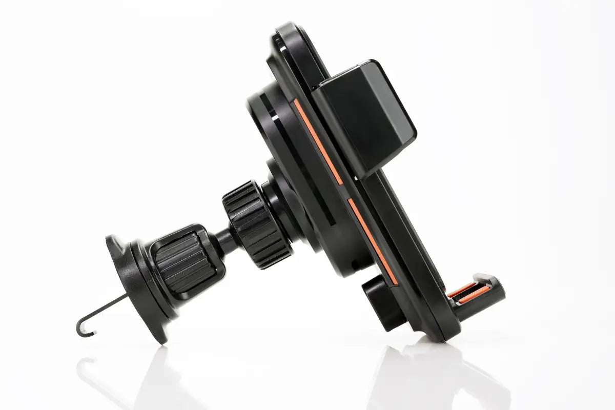 Black plastic wireless car phone charger 15w mount with orange accent stripes and a hook for windshield attachment shown from the back side.