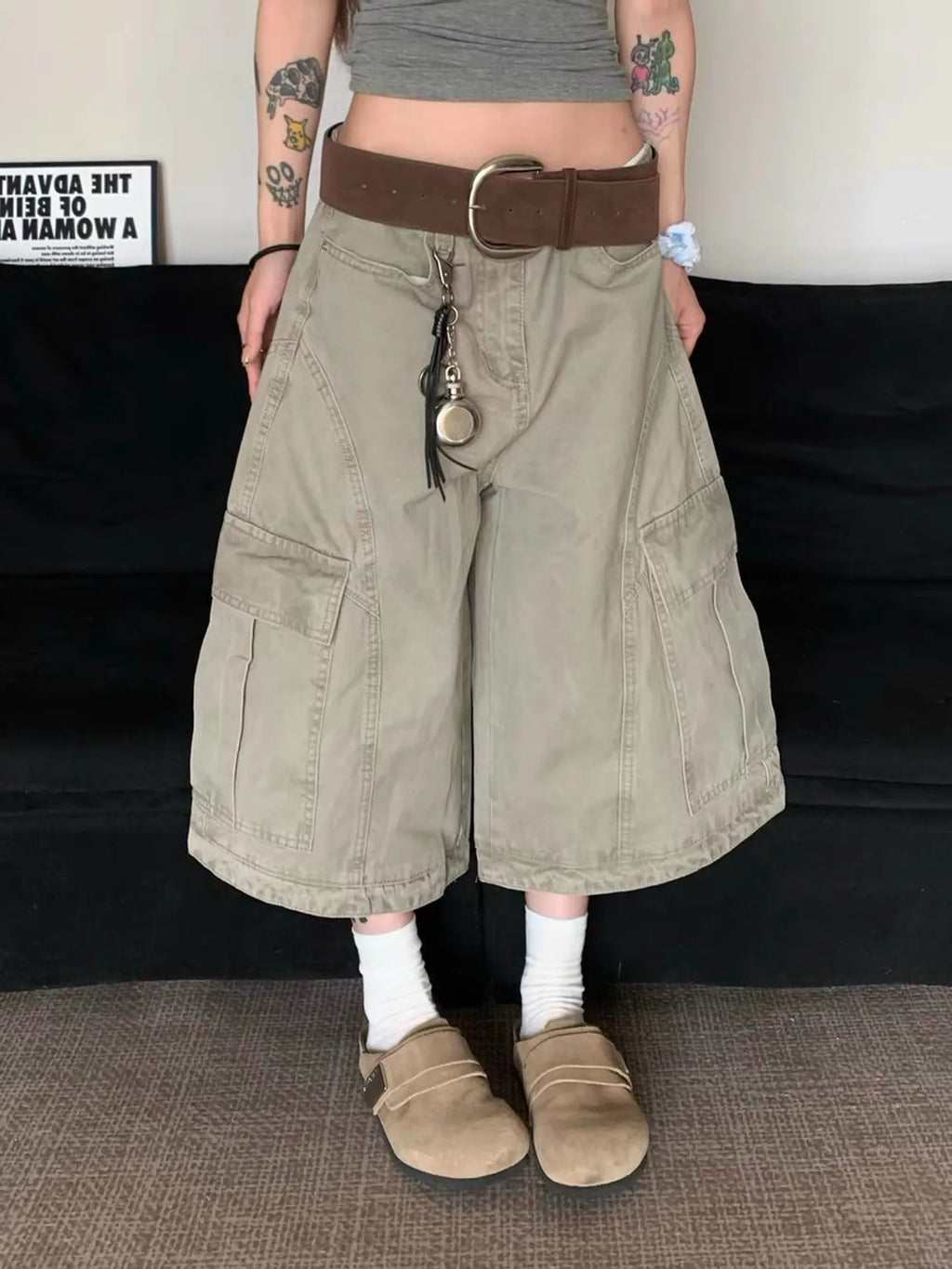 Women Denim High Waist Baggy Wide Leg Knee Length Jeans Shorts Grey Casual Loose American Streetwear Female Denim Short Pants
