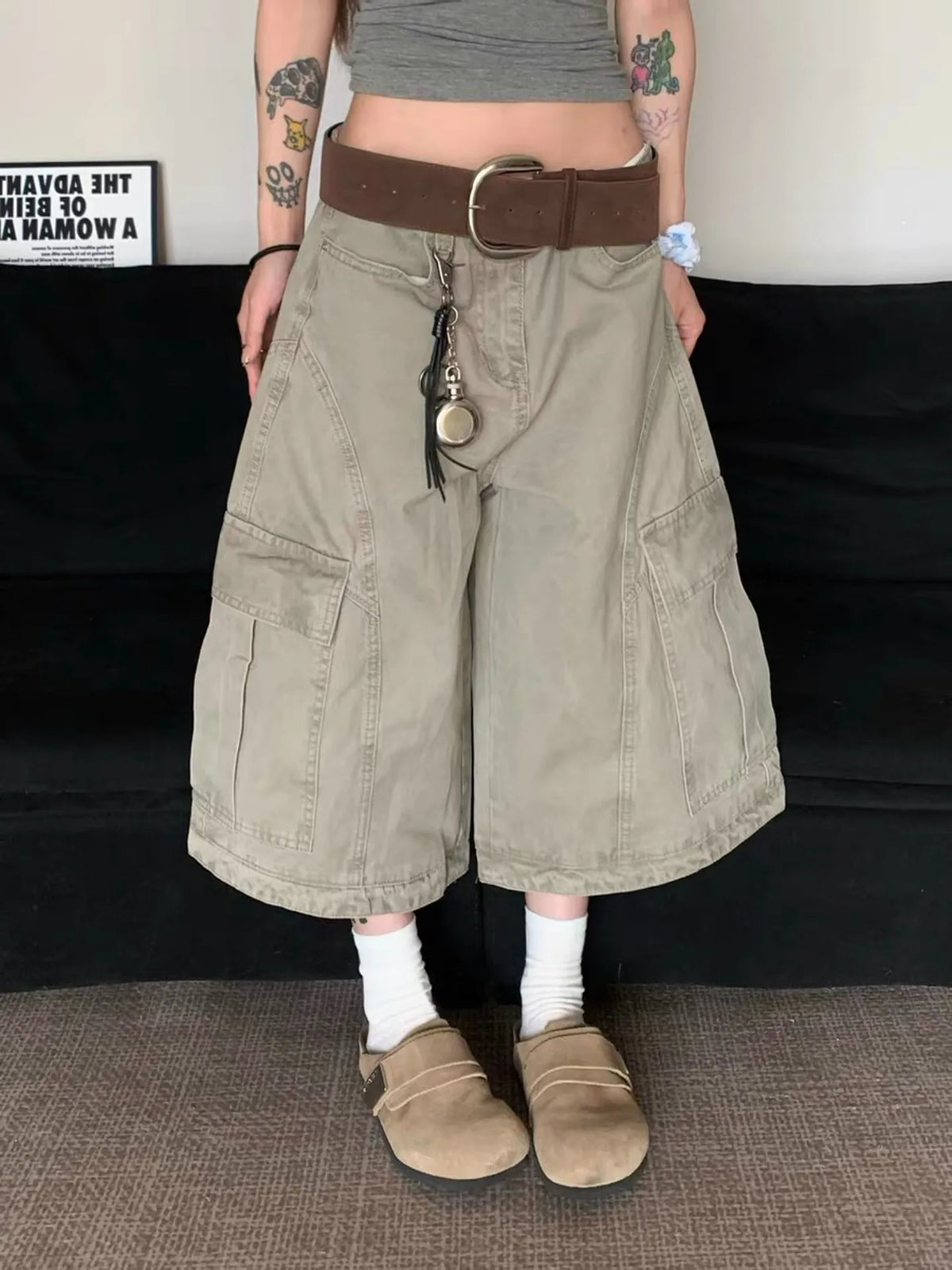Women Denim High Waist Baggy Wide Leg Knee Length Jeans Shorts Grey Casual Loose American Streetwear Female Denim Short Pants