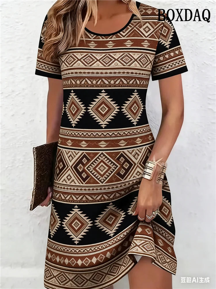 Ethnic Style Pattern 3D Printing Dresses For Women 2026 Fashion Summer Short Sleeve Loose A-Line Dress Casual Women's Clothing