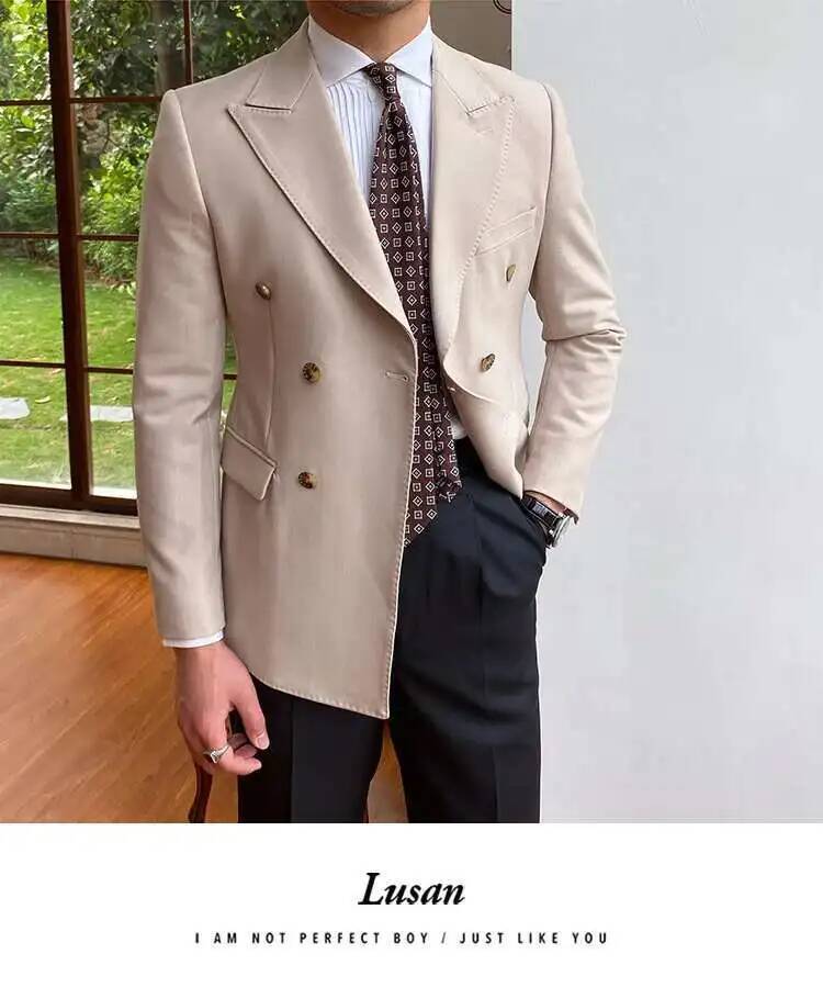 Beige double breasted slim fit blazer jacket for men featuring gold toned buttons and a tailored fit.