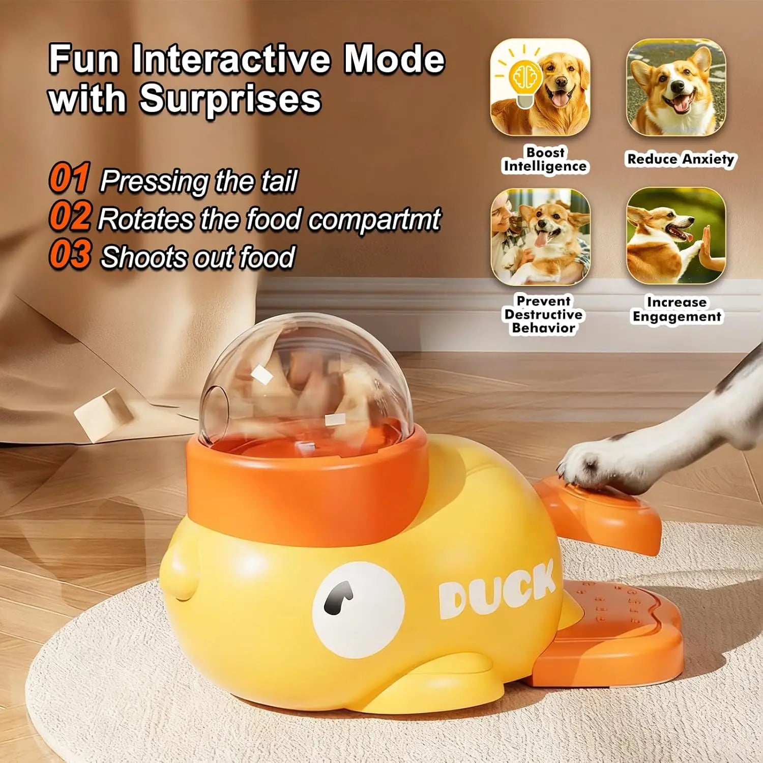 comedero rompecabezas interactivo para perros con forma de pato amarillo y naranja, con parte superior de cúpula transparente diseñada para la dispensación lenta del alimento para perros
