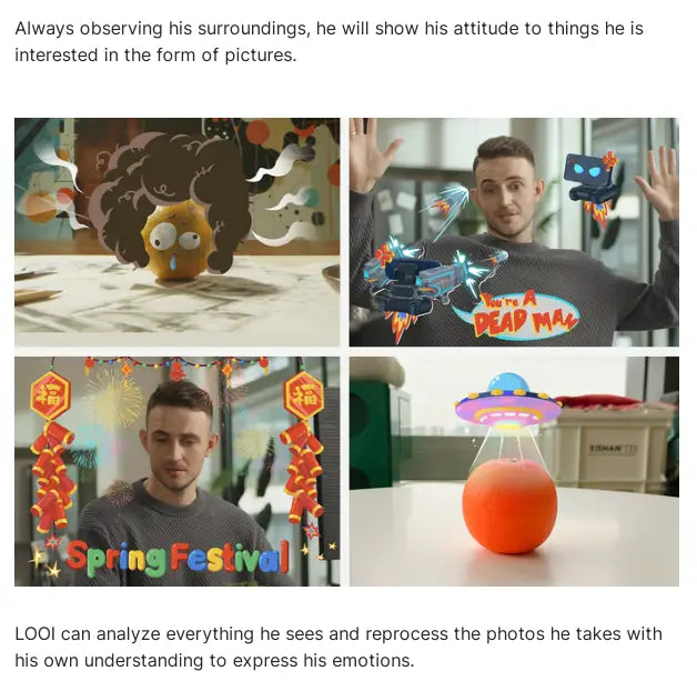 Une orange accompagnée d’une lampe de robot intelligent Looi AI en forme d’ovni coloré, en lévitation au-dessus, avec télécommande et fonctionnalités de batterie au lithium
