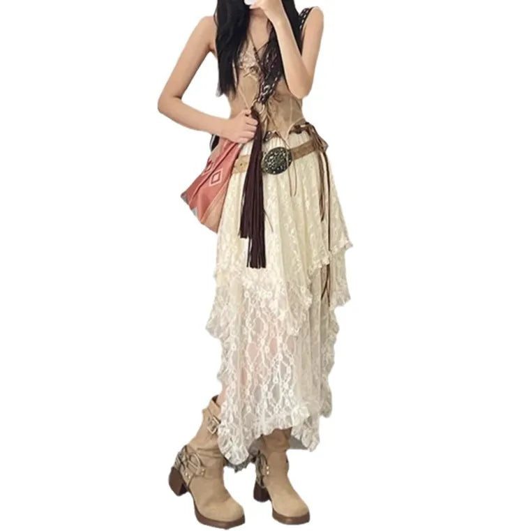 Ethnic Style Wavy Hem High Waist Lace Skirt Sweet Sister Stacked Holiday Style Dress