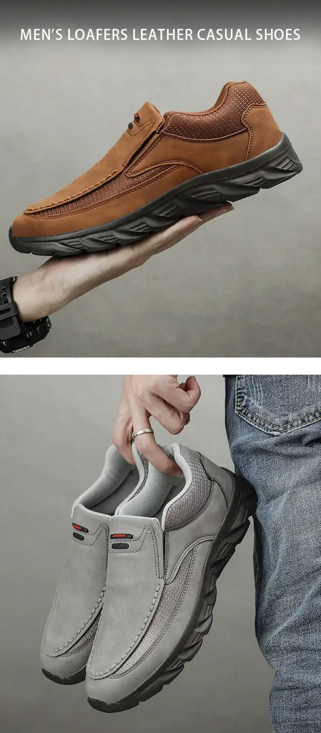 Herren-Lederschuhe im lässigen Stil als Slip-Ons in braunem Leder mit texturierter Oberseite und schwarzer Gummisohle, entworfen als Slipper.