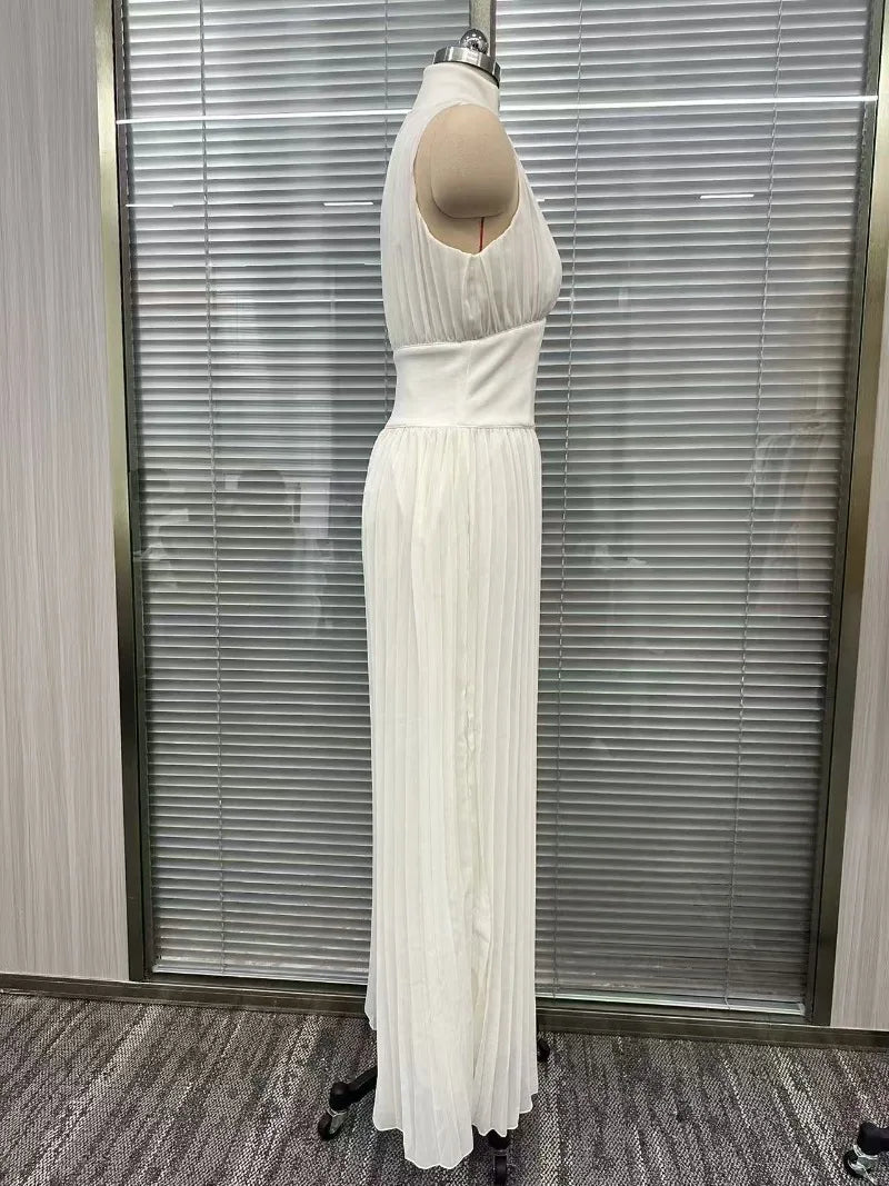 Women Elegant Pleated Chiffon Jumpsuits Sexy Zip-up Stand Collar Sleeveless Corset Slim Wide Leg Pants Casual Overalls Rompers