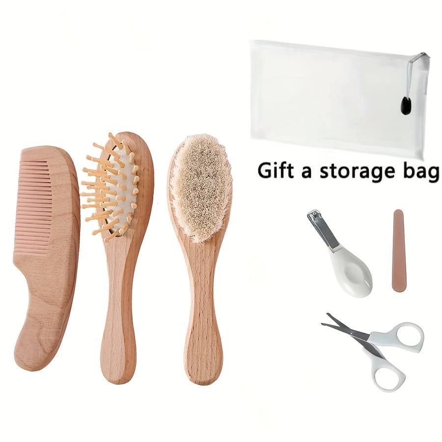 Set of three wooden baby grooming tools with natural wood handles and soft bristles accompanied by a clear storage bag in a baby wooden grooming set and healthcare kit.