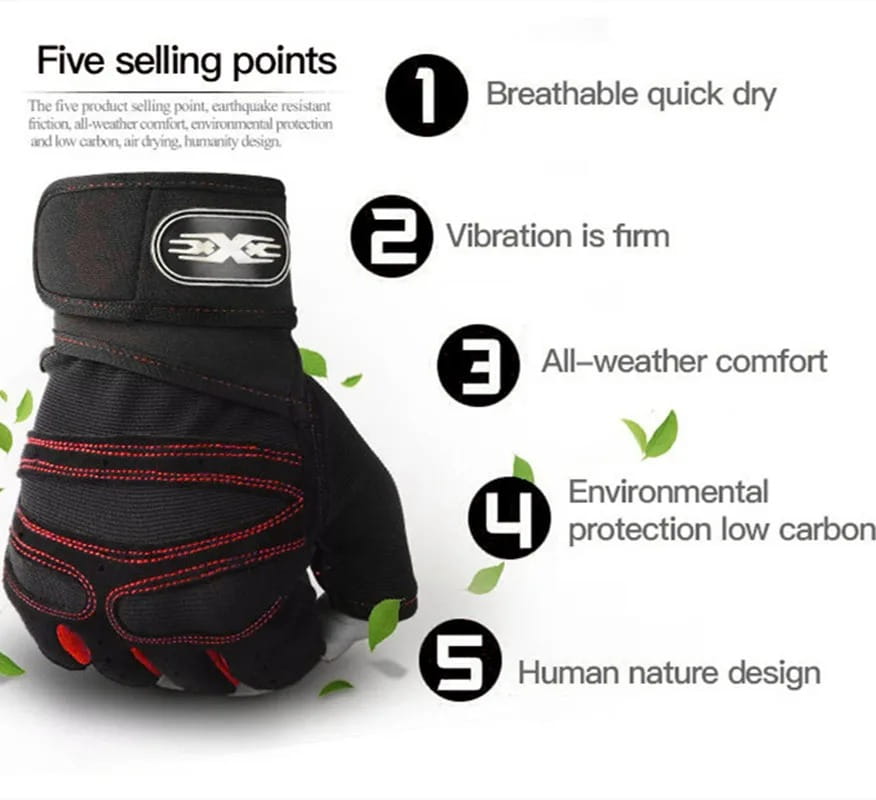 Fitness-Workout-Handschuhe mit Handgelenkstütze in Schwarz und Rot, mit verstärkter Knöchelpolsterung und einem atmungsaktiven Mesh-Design auf der Rückseite.