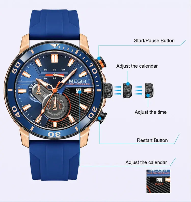 Megir men chronograph quartz sport watch featuring a blue and gold dial with a rubber strap for durability and comfort.
