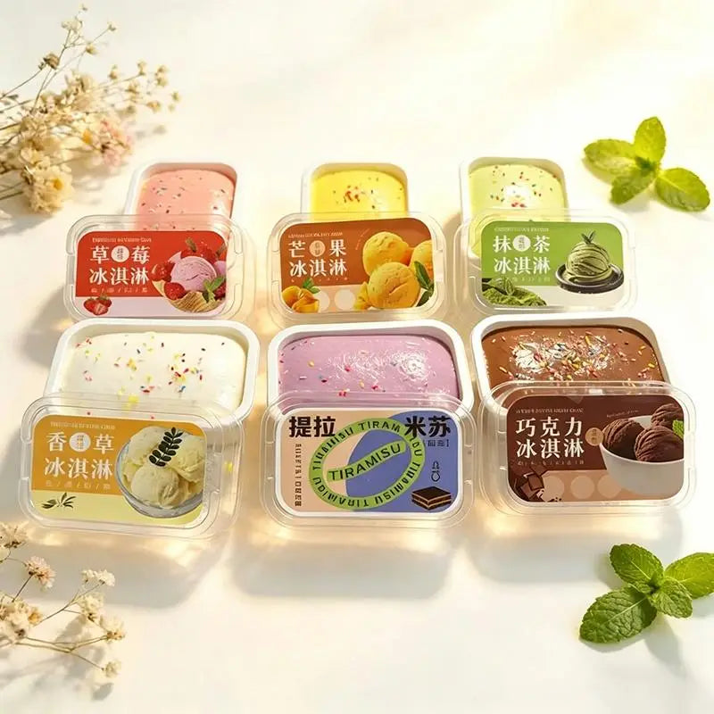 seis recipientes de plástico rectangular con juguetes sensoriales tipo fidget de pastel simulado de helado de crecimiento lento, con colores variados, etiquetas y tapas coloridas