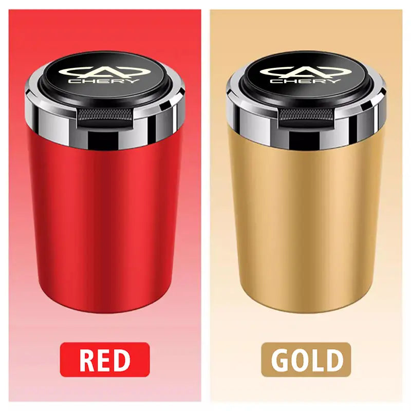 Cendriers de voiture lumineux Chery LED métalliques rouge et or, au design cylindrique épuré, avec couvercle noir gravé du logo Chery pour une utilisation en gobelet de véhicule lumineux.