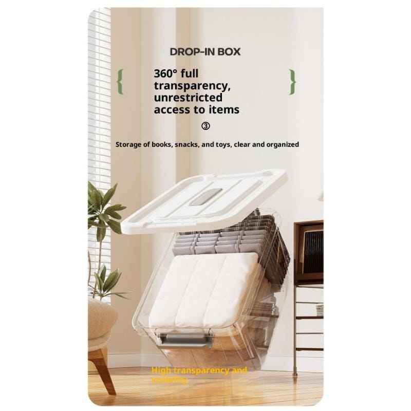 Boîte de rangement en plastique transparent avec couvercle et loquets, avec couvercle blanc et côtés transparents pour une transparence totale à 360°, en grande taille environ, idéale pour ranger des livres, des collations ou des jouets.
