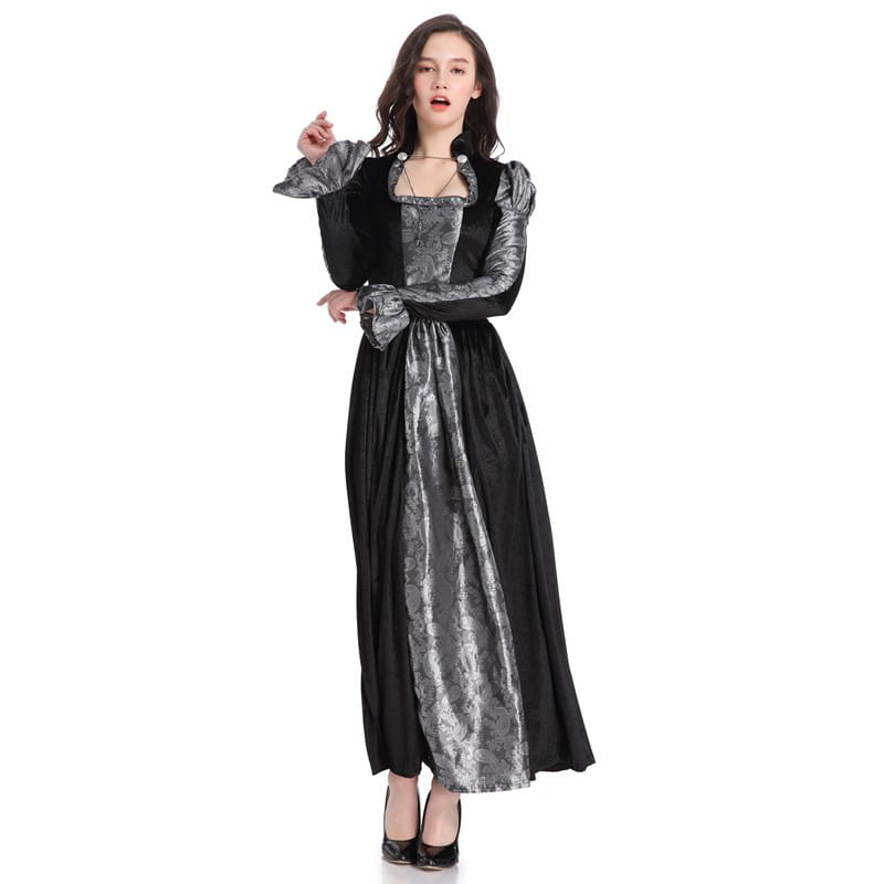 Elegant black and silver damask gothic vampire queen costume gown featuring velvet accents and a long flowing design.