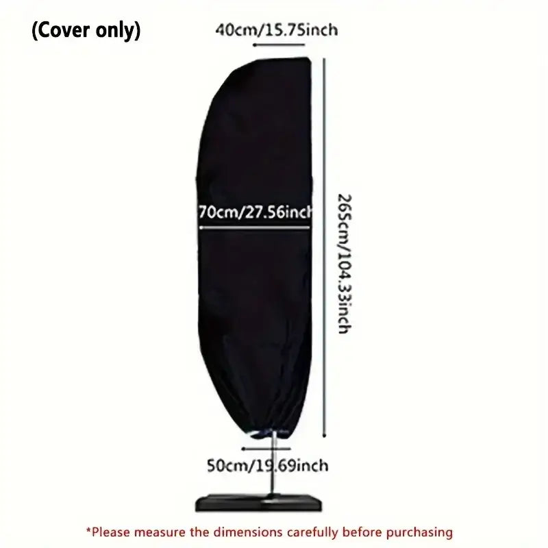 housse de parasol déporté noire imperméable en tissu avec dimensions affichées