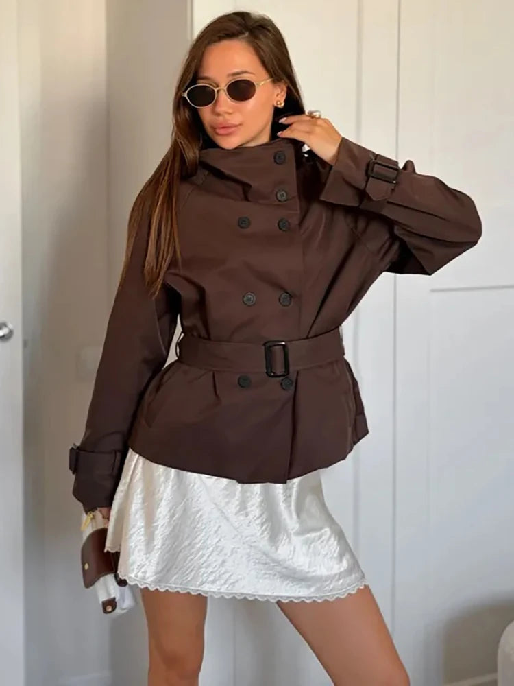 Minimalist Brown Belted Waist Trench Coat Women Vintage Double Breasted Stand Collar Jacket 2026 New Autumn Chic Casual Overcoat