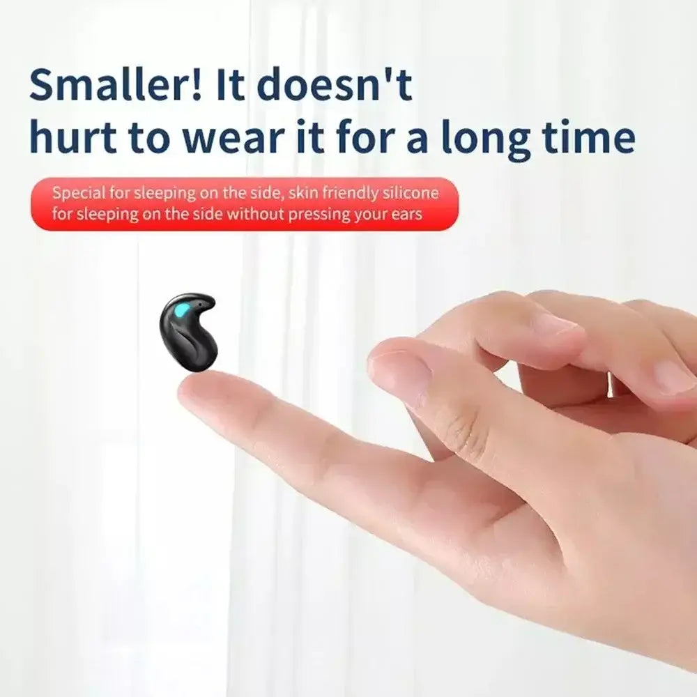 Black silicone wireless sleeping earbud with a glowing blue light featuring Bluetooth 5.3 technology and a mini headphone design.