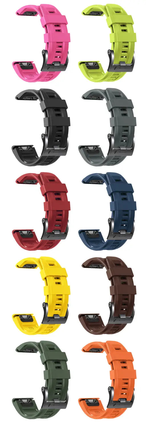 Un lot de dix bandes de poignet en silicone à fixation rapide Garmin Fenix, aux couleurs variées, notamment rose, vert citron, noir, gris, rouge, bleu marine, bleu, jaune, brun, vert olive et orange.