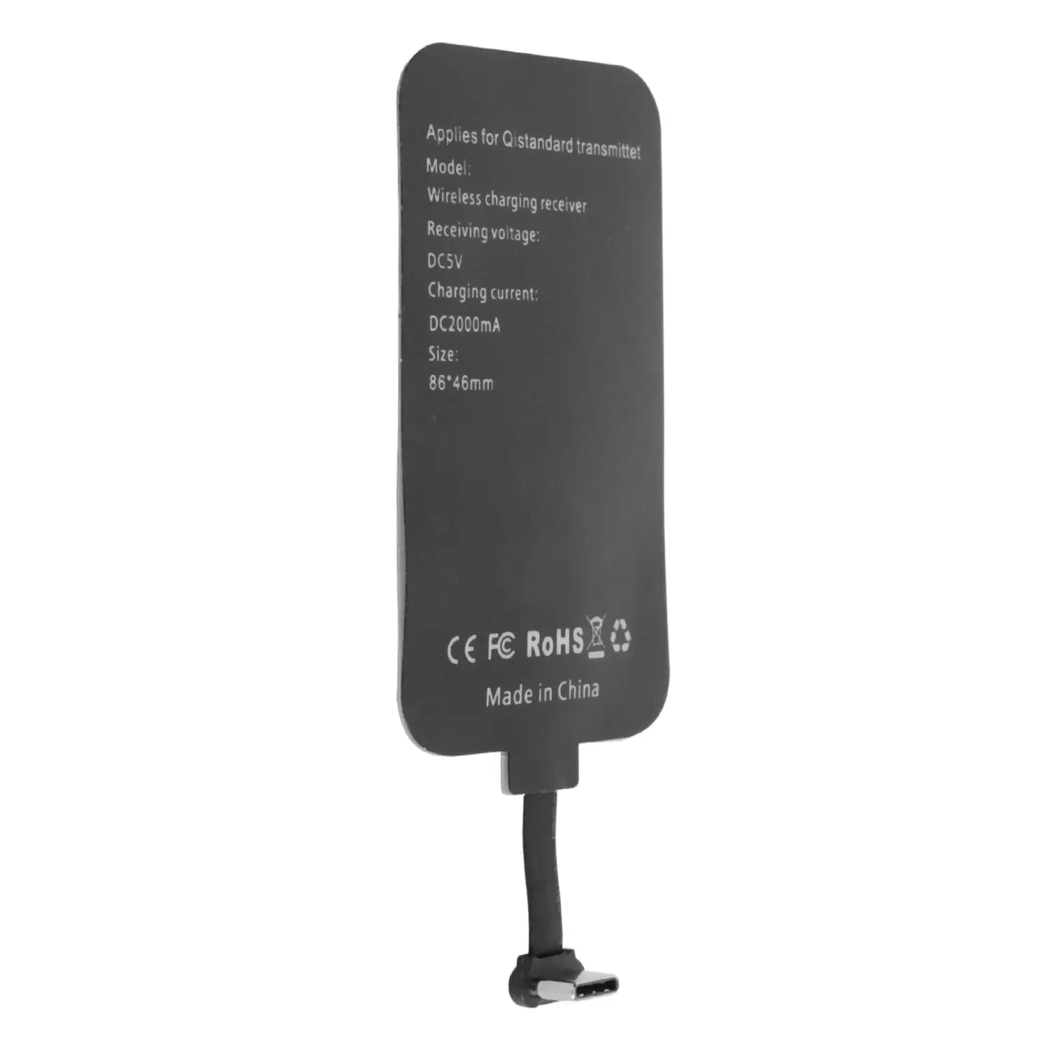 Black wireless charging receiver type-c 10w fast charger with usb-c connector and printed specifications on its back side.