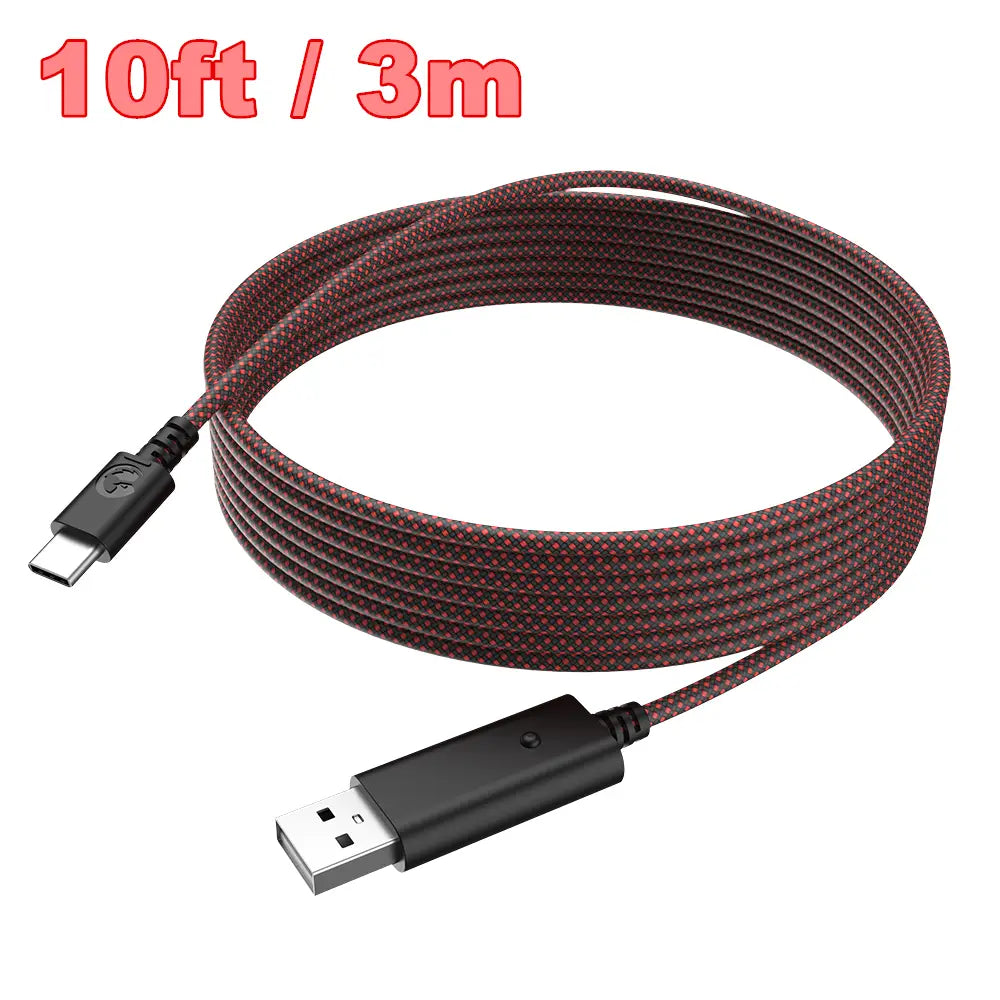 a 10ft usb-c to usb-a cable with a braided maroon and black exterior included in the Gamesir G7 magnetic faceplate and accessories kit