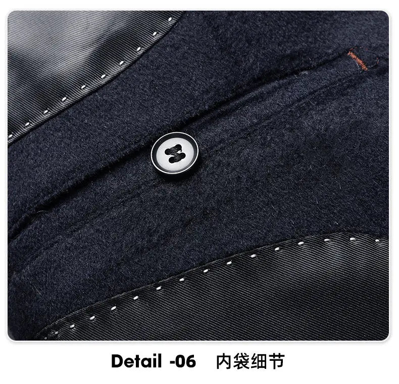 Manteau d’hiver à fermeture éclair pour homme en laine 100 % noir, avec un bouton argenté et des panneaux de tissu contrastants cousus le long des coutures.