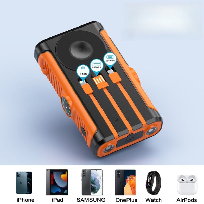 orange-schwarze, robuste Solar-Powerbank 20.000 mAh, Handkurbel-Ladegerät mit integrierten Kabeln, ausgelegt für den Outdoor-Einsatz
