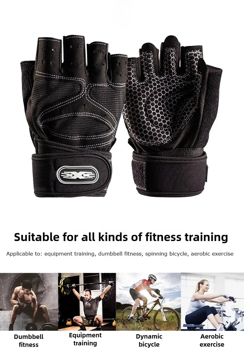 Black fingerless weightlifting gloves with textured grip pads and adjustable wrist straps for secure support during workouts.