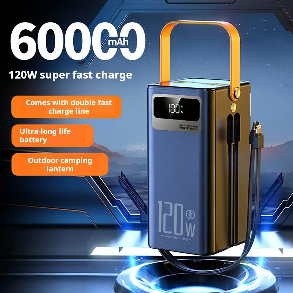 Blue and gold portable power bank 60000mah capacity with 120w super fast charge capability features micro input and 5v2a support for efficient charging.