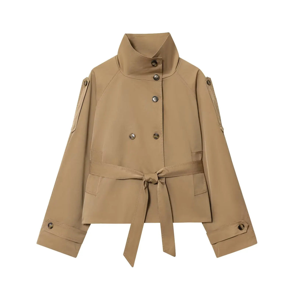 HH Female New Fashion Double-breasted Lace-up Trench Pockets Coat Long Sleeve Jacket Women Autumn Casual Street Short Coat