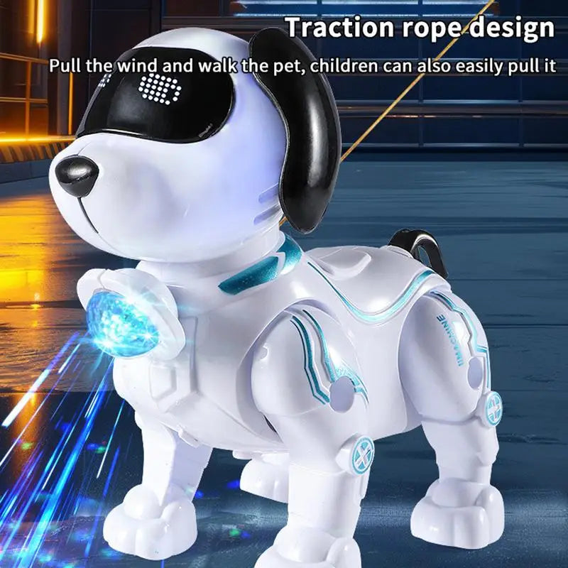 インタラクティブな遊び用の、白黒の知能音楽ロボット犬用おもちゃ。発光する青色のアクセント付きのLEDの目と、牽引ロープのデザインを備えています。