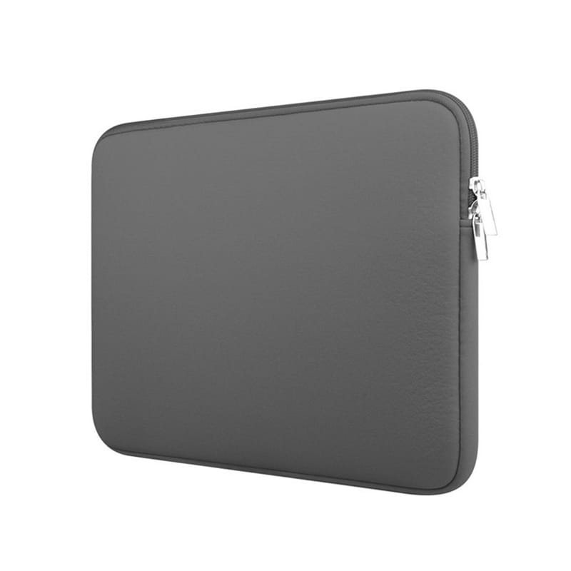 Dark gray neoprene laptop sleeve with silver zipper designed for 360 degree protection case.