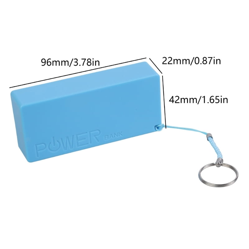 Banco de energía rectangular de plástico azul claro tipo bricolaje para batería 18650 con accesorio de llavero para la carga portátil