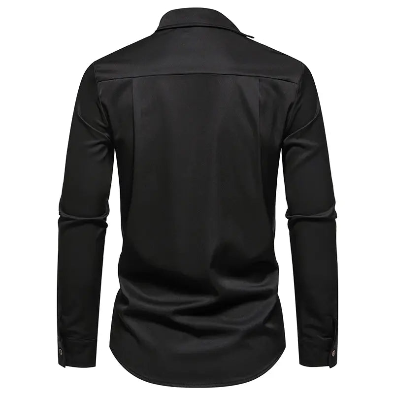 Men asymmetrical slant collar long sleeve casual shirt in black with a sleek satin-like finish and subtle stitching details.