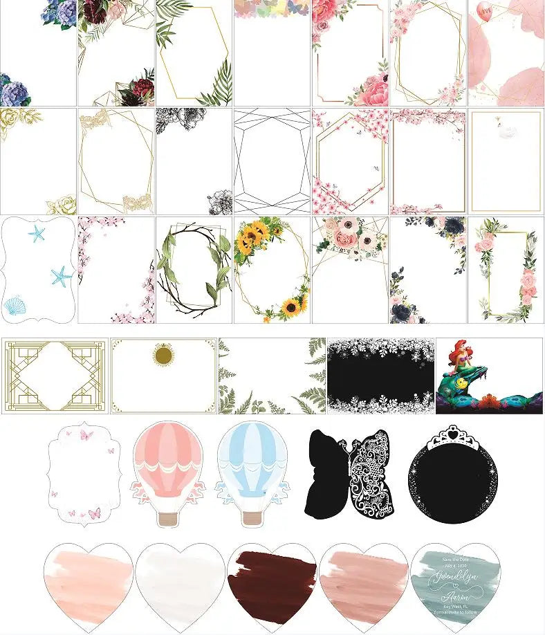 a collection of Jewish blessing card acrylic keychain party favors featuring decorative printable frames and stickers with floral, geometric, hot air balloon, butterfly, and crown designs in pastel pink, blue, black, and gold accents.